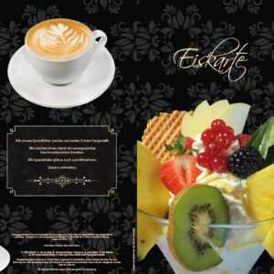 Eiskarte als 12-seitige Broschüre, gefächert, schwarz mit Ornamenten