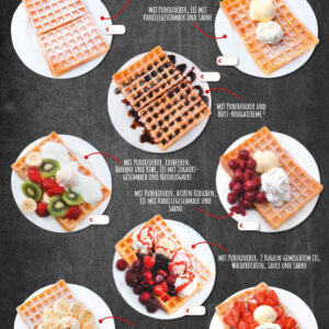 Heiße Waffeln, verschieden angerichtet, auf DIN A 1 Banner für Kundenstopper