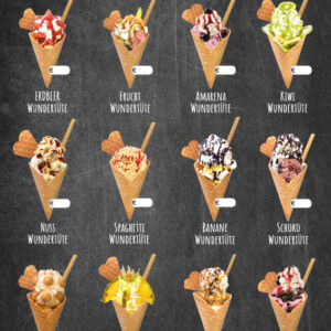 12 verschieden dekorierte Wundertüten auf DIN A 1 Banner für Kundenstopper