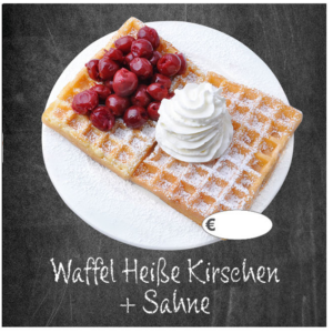 3 Tafeln mit verschieden dekorierten heißen Waffeln - Puderzucker, Schoko und Kirschen